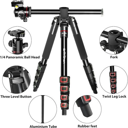 Smvchen 70"Axis Horizontal Tripod Monopod with Ball Head and Phone Clamp Compatible with Cameras and iPhone 15 Pro Max with Rotatable Center Column 5-Section Aluminum Alloy Tripod Max. Load 10kg(Red) in Saudi Arabia