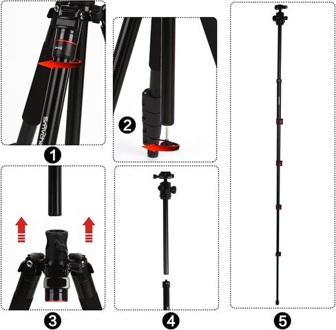 Smvchen 70"Axis Horizontal Tripod Monopod with Ball Head and Phone Clamp Compatible with Cameras and iPhone 15 Pro Max with Rotatable Center Column 5-Section Aluminum Alloy Tripod Max. Load 10kg(Red) in Saudi Arabia