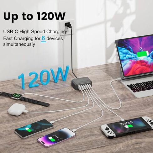 شاحن USB C سريع، 120 وات GaN 6 منافذ USB لمحطة شحن كتلة أجهزة متعددة، محول شريط طاقة شاحن USB C 4 أنواع C و2USB A متوافق مع iPhone 14 13 12 11 Pro Max Pixel Note Galaxy in Saudi Arabia