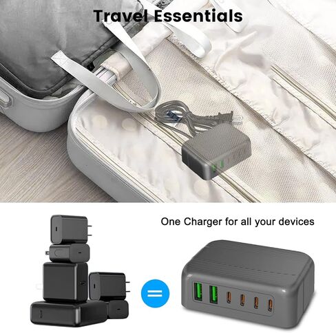 شاحن USB C سريع، 120 وات GaN 6 منافذ USB لمحطة شحن كتلة أجهزة متعددة، محول شريط طاقة شاحن USB C 4 أنواع C و2USB A متوافق مع iPhone 14 13 12 11 Pro Max Pixel Note Galaxy in Saudi Arabia