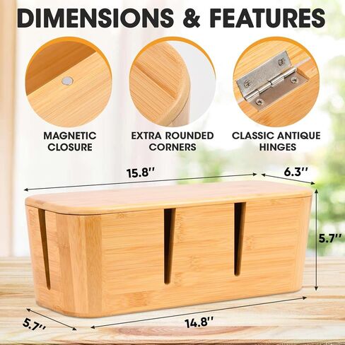 BS-VOG Cable Management Box, Large Bamboo Cord Box Hider to Cover Power Strip, Stylish Cable Organizer Box to Conceal Surge Protector, TV Wires, Chargers on Home Office Desk or Floor, No Installation in Kuwait