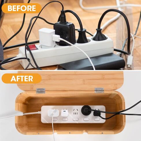 BS-VOG Cable Management Box, Large Bamboo Cord Box Hider to Cover Power Strip, Stylish Cable Organizer Box to Conceal Surge Protector, TV Wires, Chargers on Home Office Desk or Floor, No Installation in Kuwait