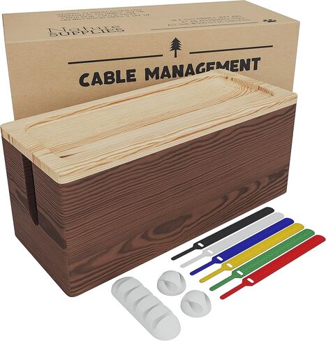 إمدادات ناتشر | صندوق إدارة الكابلات الصغيرة من الخشب الحقيقي باللون البني | صندوق منظم السلك لشرائط الطاقة والمحولات والشواحن ومحور USB | صندوق تخزين الكابل مع الملحقات متضمن| صندوق مخفي الحبل صغير in Kuwait