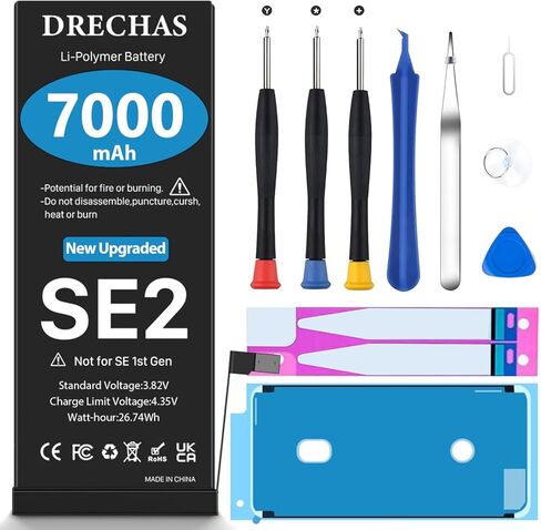 [7000 مللي أمبير] بطارية لهاتف iPhone SE 2020، (ليست لهاتف iPhone SE الجيل الأول) بطارية بديلة ليثيوم بوليمر عالية السعة 0 دورة لهاتف iPhone SE 2nd Gen A2275 A2296 A2298 مع مجموعة أدوات إصلاح احترافية in Kuwait