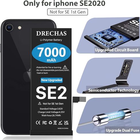 [7000 مللي أمبير] بطارية لهاتف iPhone SE 2020، (ليست لهاتف iPhone SE الجيل الأول) بطارية بديلة ليثيوم بوليمر عالية السعة 0 دورة لهاتف iPhone SE 2nd Gen A2275 A2296 A2298 مع مجموعة أدوات إصلاح احترافية in Kuwait