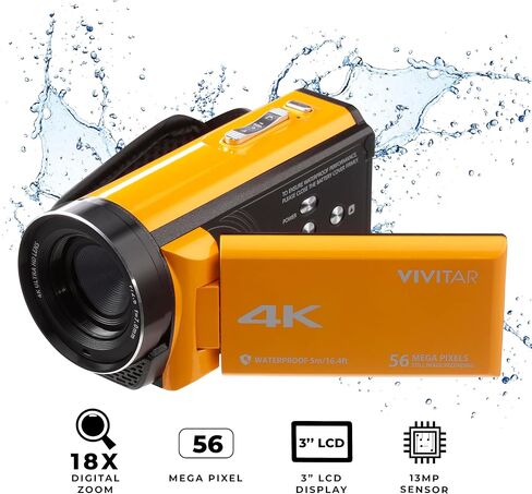 Vivitar - 4K Camcorder Ultra HD Lens, 4K Camera for Video Recording with 56MP, 13MP Sensor, 3" Rotatable Full Color LCD Display, 18x Zoom, Waterproof 5M/ 16.4FT, Image Stabilization, Teal in Kuwait