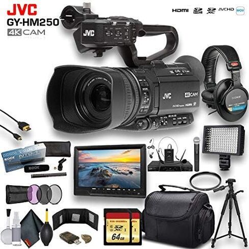 كاميرا فيديو JVC GY-HM250 UHD 4K مع بطاقة ذاكرة 2 × 64 جيجابايت وحامل ثلاثي القوائم وميكروفون Rode وشاشة خارجية وسماعات رأس Sony Pro وحقيبة وإضاءة LED والمزيد من الحزمة المميزة in Kuwait