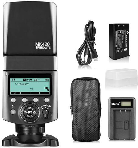 فلاش كاميرا Meike MK420N TTL بطارية ليثيوم أيون Speedlite مع شاشة LCD متوافقة مع Nikon D850 D810 D3400 D3300 D3500 Z6 Z7 وكاميرات DSLR الأخرى + بطارية ليثيوم + موزع + شاحن بطارية in Kuwait