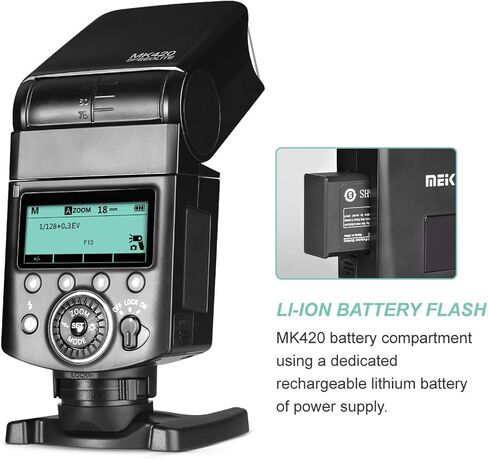 فلاش كاميرا Meike MK420N TTL بطارية ليثيوم أيون Speedlite مع شاشة LCD متوافقة مع Nikon D850 D810 D3400 D3300 D3500 Z6 Z7 وكاميرات DSLR الأخرى + بطارية ليثيوم + موزع + شاحن بطارية in Kuwait