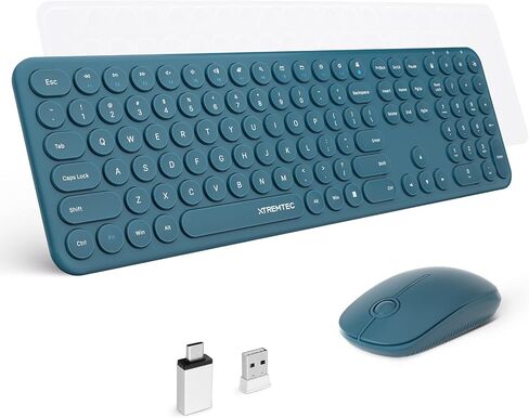 لوحة مفاتيح وماوس لاسلكي، XTREMTEC Cute Keyboard Retro Round Keycap - لوحة مفاتيح جمالية نحيفة للغاية وهادئة بتردد 2.4 جيجا هرتز لأجهزة Mac والكمبيوتر المحمول وأجهزة الكمبيوتر المكتبية (أخضر معكرون) in Kuwait