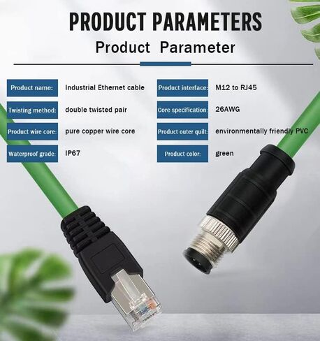 Eonvic M12 4-pin Male to RJ45 E4 Plug High Flex Cat5e كابل إيثرنت صناعي ديناميكي PUR (5 متر، أخضر) in Kuwait