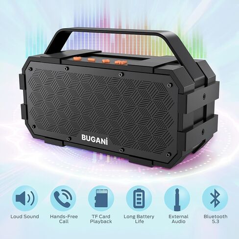 BUGANI Bluetooth Speakers, 40W Loud Portable Wireless Bluetooth Speaker, 24H Playtime Outdoor Speaker, Stereo Sound Rich Bass, TWS Pairing, Built-in Mic Supports TF Card, AUX for Party Outdoor Camping in Kuwait
