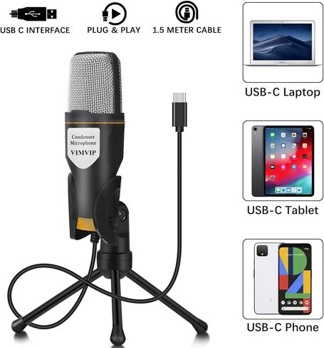 VIMVIP USB C Microphone for PC USB-C Phone, USB Type C Condenser Microphone with Stand Plug & Plug Compatible with PC, Laptop, USB C Phone in Kuwait
