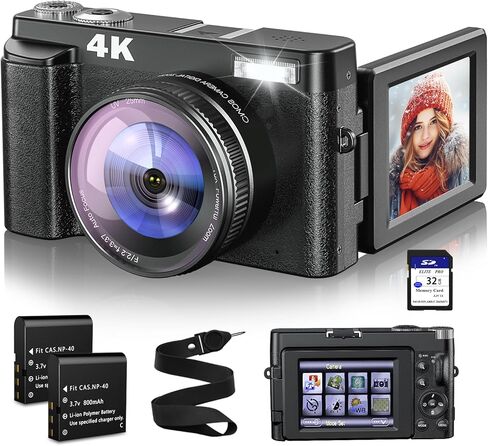أحدث كاميرا رقمية 4K للتصوير الفوتوغرافي والفيديو، كاميرا تسجيل فيديو بدقة 48 ميجابكسل مع بطاقة SD للتركيز التلقائي المضاد للاهتزاز، شاشة قابلة للطي 180 درجة، كاميرا رقمية تكبير 16X مع فلاش، كاميرا رقمية مدمجة للسفر in Kuwait