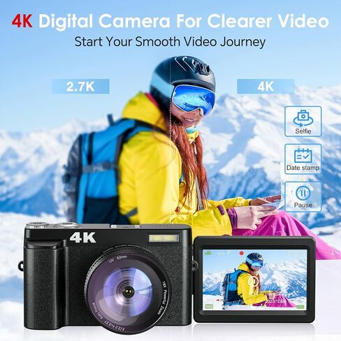 أحدث كاميرا رقمية 4K للتصوير الفوتوغرافي والفيديو، كاميرا تسجيل فيديو بدقة 48 ميجابكسل مع بطاقة SD للتركيز التلقائي المضاد للاهتزاز، شاشة قابلة للطي 180 درجة، كاميرا رقمية تكبير 16X مع فلاش، كاميرا رقمية مدمجة للسفر in Kuwait