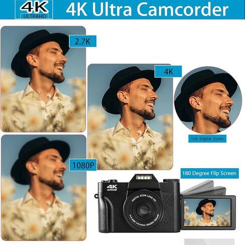 فيجانجر كاميرا رقمية للتصوير الفوتوغرافي والفيديو 4K 48MP لليوتيوب مع شاشة قابلة للطي 180 درجة، تقريب رقمي 16X، عدسة ماكرو بزاوية عريضة 52 ملم، بطاقة TF 32GB، بطاريتين (W01-اسود) in Kuwait