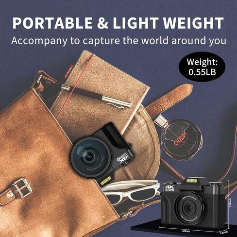 فيجانجر كاميرا رقمية للتصوير الفوتوغرافي والفيديو 4K 48MP لليوتيوب مع شاشة قابلة للطي 180 درجة، تقريب رقمي 16X، عدسة ماكرو بزاوية عريضة 52 ملم، بطاقة TF 32GB، بطاريتين (W01-اسود) in Kuwait