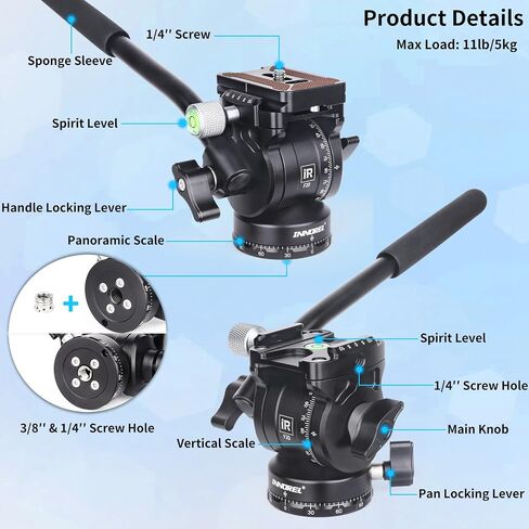 INNOREL Tripod Fluid Head Pan Tilt Head Mini Pan Metal Camera Video Tripod Head with 2 Arca Swiss Quick Release Plates, Handle, Magic Arm & Phone Clip for Video DSLR Cameras, Load up to 8.8lb/4kg, F10 in Saudi Arabia