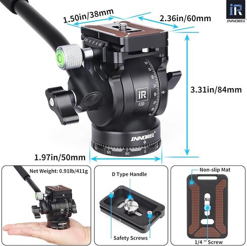 INNOREL Tripod Fluid Head Pan Tilt Head Mini Pan Metal Camera Video Tripod Head with 2 Arca Swiss Quick Release Plates, Handle, Magic Arm & Phone Clip for Video DSLR Cameras, Load up to 8.8lb/4kg, F10 in Saudi Arabia