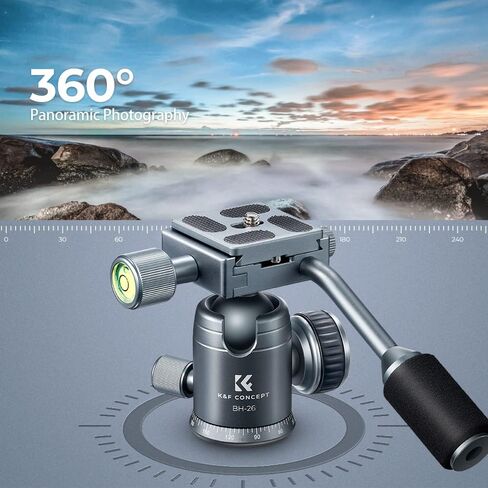 مفهوم K& راس كروي معدني ثلاثي القوائم 26 ملم مع مقبض بانورامي دوار 360 درجة مع لوحة سريعة الفك 1/4 انش مستوى فقاعة لكاميرا احادية القوائم، سعة تحميل تصل الى 17.6 باوند/8 كجم، رمادي in Kuwait