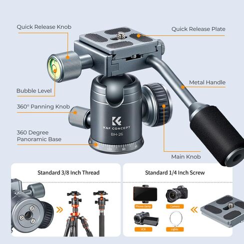 مفهوم K& راس كروي معدني ثلاثي القوائم 26 ملم مع مقبض بانورامي دوار 360 درجة مع لوحة سريعة الفك 1/4 انش مستوى فقاعة لكاميرا احادية القوائم، سعة تحميل تصل الى 17.6 باوند/8 كجم، رمادي in Kuwait