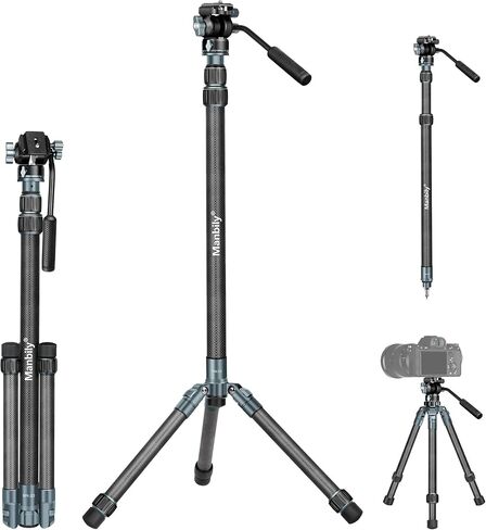 Manbily MPK-323 مونوبود كاميرا من ألياف الكربون مع أقدام، مونوبود احترافي 74 بوصة مع رأس سائل مائل وقاعدة حامل ثلاثي قابلة للإزالة لكاميرا DSLR، أنبوب Φ32 مم، أقصى حمل 44 رطل/20 كجم in Kuwait