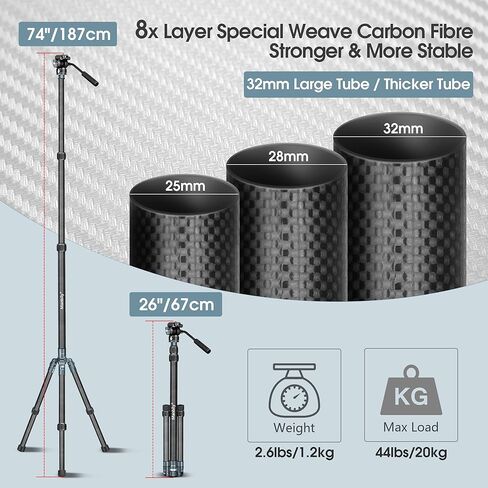 Manbily MPK-323 مونوبود كاميرا من ألياف الكربون مع أقدام، مونوبود احترافي 74 بوصة مع رأس سائل مائل وقاعدة حامل ثلاثي قابلة للإزالة لكاميرا DSLR، أنبوب Φ32 مم، أقصى حمل 44 رطل/20 كجم in Kuwait