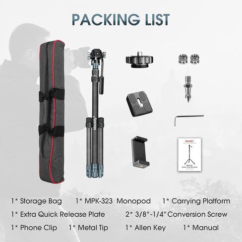 Manbily MPK-323 مونوبود كاميرا من ألياف الكربون مع أقدام، مونوبود احترافي 74 بوصة مع رأس سائل مائل وقاعدة حامل ثلاثي قابلة للإزالة لكاميرا DSLR، أنبوب Φ32 مم، أقصى حمل 44 رطل/20 كجم in Kuwait