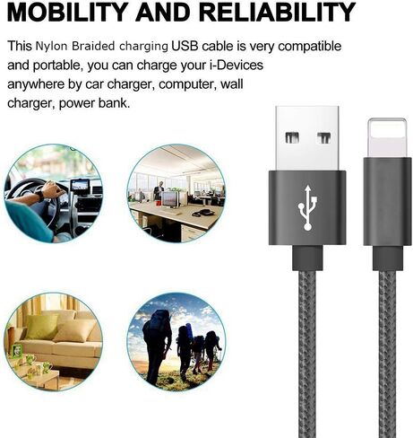 RoFI Compatible Phone Cable, [2Pack] 4FT Nylon Braided Fast Charging USB Cord Replcement for Phone X 8 8 Plus 7 7 Plus 6s 6s Plus 6 6 Plus 5 5S 5C SE Pad Air Mini and More (2 Pack Black, 4 FT) in Saudi Arabia