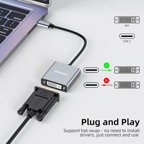 محول FEMORO USB C إلى DVI، محول USB من النوع C (Thunderbolt 3 & 4) إلى DVI-D ذكر إلى أنثى يدعم 1080p@60hz متوافق مع MacBook Air 2022/2020/2018، Dell XPS 17/15/13، Surface Book 3/2 in Kuwait