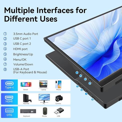 شاشة Pisichen المحمولة التي تعمل باللمس، شاشة لمس محمولة 16 بوصة 1920X1200P شاشة لمس محمولة HDMI USBC منفذ HDR IPS، 300cd/m2، شاشة خارجية لأجهزة الكمبيوتر المحمول والكمبيوتر والكمبيوتر Xbox in Kuwait