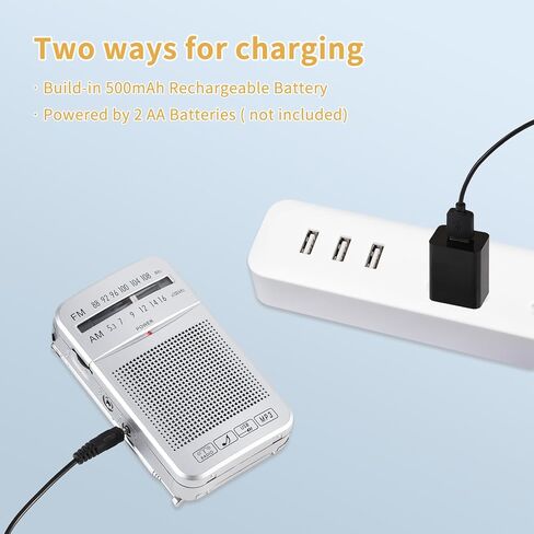 راديو ONGTEED المحمول AM FM Walkman، بطارية مدمجة قابلة لإعادة الشحن بقدرة 500 مللي أمبير في الساعة أو راديو جيب ترانزستور يعمل ببطارية 2AA مع مكبر صوت عالٍ، يدعم USB، بطاقة TF، مقبس سماعة رأس للركض والمشي in Kuwait