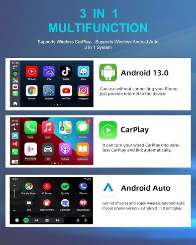 محول CarlinKit Android AI Box-2023 الجديد مع Android 13.0/Netflix/YouTube/Wireless CarPlay&Android Auto/GPS/4G، صندوق البث السحري لـ CarPlay السلكية وشاشة اللمس للسيارة، 8+128 جيجابايت مع منفذ بطاقة SIM/TF in Saudi Arabia