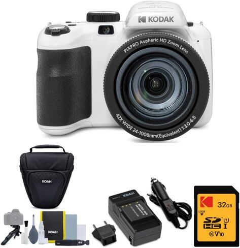 كوداك كاميرا رقمية استرو زووم AZ421 بدقة 16 ميجابكسل مع تقريب بصري 42X وشاشة LCD 3 انش (ابيض) حزمة 32GB من بيكسبرو in Kuwait