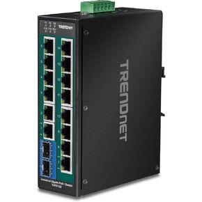 TRENDnet 16-Port Hardened Industrial Unmanaged Gigabit PoE+ DIN-Rail Switch, TI-PG162, 14 x Gigabit Ports, 2 x Gigabit SFP Slots, 32Gbps, IP30 Gigabit Network Ethernet Switch, Lifetime Protection