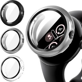 حافظة حماية شاشة Suoman مكونة من 3 قطع لساعة Google Pixel Watch 2، [مضادة للخدش] واقي شاشة من الزجاج المقوى + مجموعة غطاء حماية لامع من البولي كربونات الشامل لساعة Google Pixel 2 - أسود + رمادي + شفاف in Kuwait