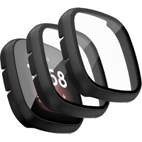 Compatible with Fitbit Versa 3 Screen Protector Case, [3 Pack] Hard PC Bumper Full Around Protective Cover for Fitbit Versa 3 & Fitbit Sense Smartwatch Accessories (Black+Black+Black)