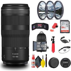 عدسة Canon RF 100-400mm f/5.6-8 هي عدسة USM (5050C002) + طقم فلتر + حقيبة ظهر + بطاقة سعة 64 جيجابايت + قارئ بطاقات + حامل ثلاثي القوائم مرن + محفظة ذاكرة + حافظة للأغطية + طقم تنظيف + حزام يد + المزيد (متجدد) in Saudi Arabia