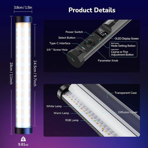 بكسل عصا اضاءة محمولة بالفضاء اللوني ار جي بي، ضوء فيديو LED مع تحكم عن طريق التطبيق، 16 مليون لون اضاءة للتصوير الفوتوغرافي، عصا اضاءة خافتة 2500-8500 كلفن، شاشة OLED مع 10 تاثيرات ضوئية in Saudi Arabia