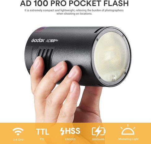 Godox AD100 Pro AD100Pro Round Head Flash, 2.4G TTL Speedlite 100Ws Pocket Flash Strobe 1/8000s HSS Monolight with 2600mAh Lithium Battery 1.8W Model Light to Cover 360 Flashes Recycle in 0.01-1.5 Sec in Saudi Arabia