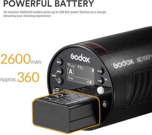 Godox AD100 Pro AD100Pro Round Head Flash, 2.4G TTL Speedlite 100Ws Pocket Flash Strobe 1/8000s HSS Monolight with 2600mAh Lithium Battery 1.8W Model Light to Cover 360 Flashes Recycle in 0.01-1.5 Sec in Saudi Arabia
