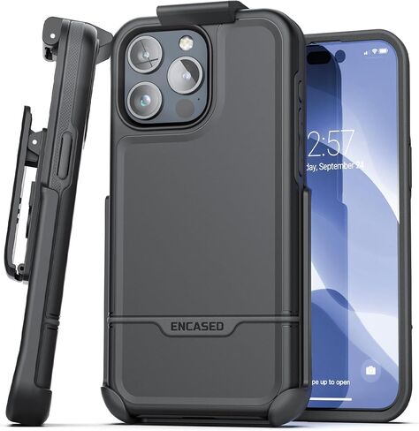 Encased Rebel Designed for iPhone 15 Pro Max Belt Clip Case, Protective Shockproof Case with Phone Holster (Black) in Kuwait