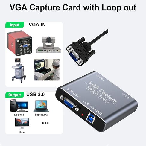 بطاقة التقاط VGA، جهاز التقاط VGA إلى USB مع حلقة VGA، ومدخل ميكروفون يدعم فيديو HD 720P للألعاب والبث والتعليم in Kuwait