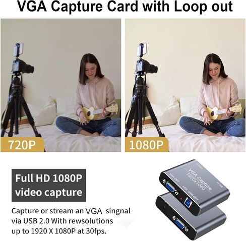 بطاقة التقاط VGA، جهاز التقاط VGA إلى USB مع حلقة VGA، ومدخل ميكروفون يدعم فيديو HD 720P للألعاب والبث والتعليم in Kuwait