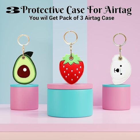 REDX1 [3Pack] حافظة جلدية واقية لغطاء Apple Airtag، جهاز تعقب سلسلة المفاتيح GPS Airtag مع حلقة مفاتيح، غطاء حماية هوائي مضاد للخدش (الفراولة، الأفوكادو، الكلب) in Kuwait