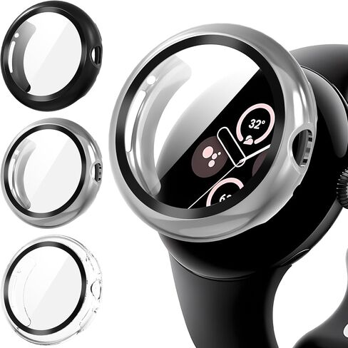 Suoman 3-Pack for Google Pixel Watch 3/2/1 41mm Case, [Anti-Scratch] 9H Tempered Glass Screen Protector+ All-Round PC Glossy Protective Cover Bumper in Saudi Arabia