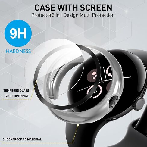 Suoman 3-Pack for Google Pixel Watch 3/2/1 41mm Case, [Anti-Scratch] 9H Tempered Glass Screen Protector+ All-Round PC Glossy Protective Cover Bumper in Saudi Arabia