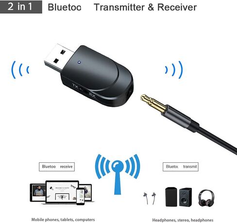 محول USB بلوتوث 5.0 للكمبيوتر الشخصي، جهاز استقبال إرسال بلوتوث محمول، 2 في 1 محول AUX ستيريو بلوتوث لتلفزيونات السيارات in Saudi Arabia