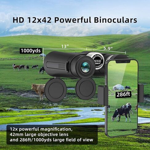 AYRAVIIO 12 × 42 مناظير للبالغين مع حامل للهواتف الذكية وحامل ثلاثي القوائم، هدايا عيد ميلاد للرجال والأب والزوج، تلسكوب مناظير عالي الطاقة مع رؤية مشرقة وكبيرة، أدوات لمراقبة الطيور in Kuwait