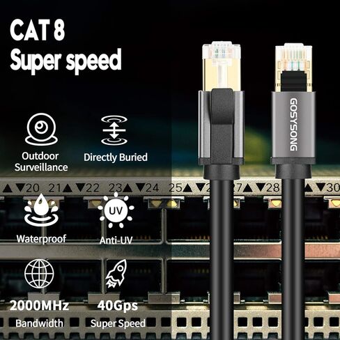 كابل إيثرنت GOSYSONG Cat 8 بطول 100 قدم، مطلي بالذهب، كابل LAN فائق السرعة لتزيين المنزل، وبناء الموقع، وغرفة تكنولوجيا المعلومات لمركز البيانات، مدفون مباشرة in Kuwait
